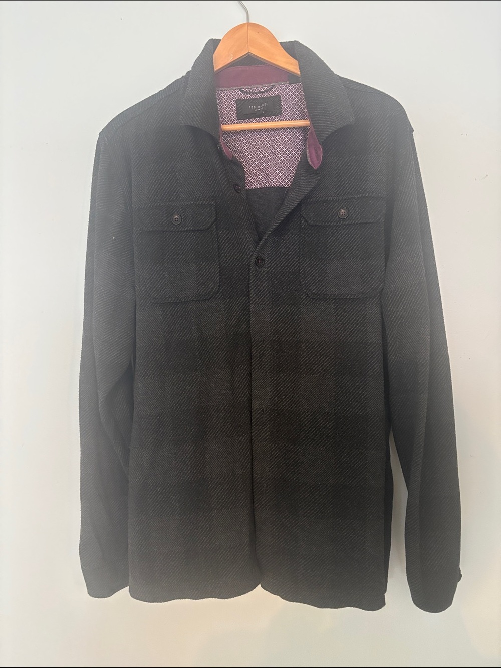 Ted Baker London Charcoal Herringbone Overshirt with Purple Trim